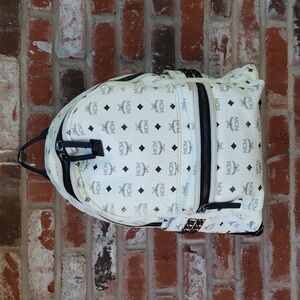 MCM Unisex Visetos Stark Studded Backpack White Black Monogram Luxury